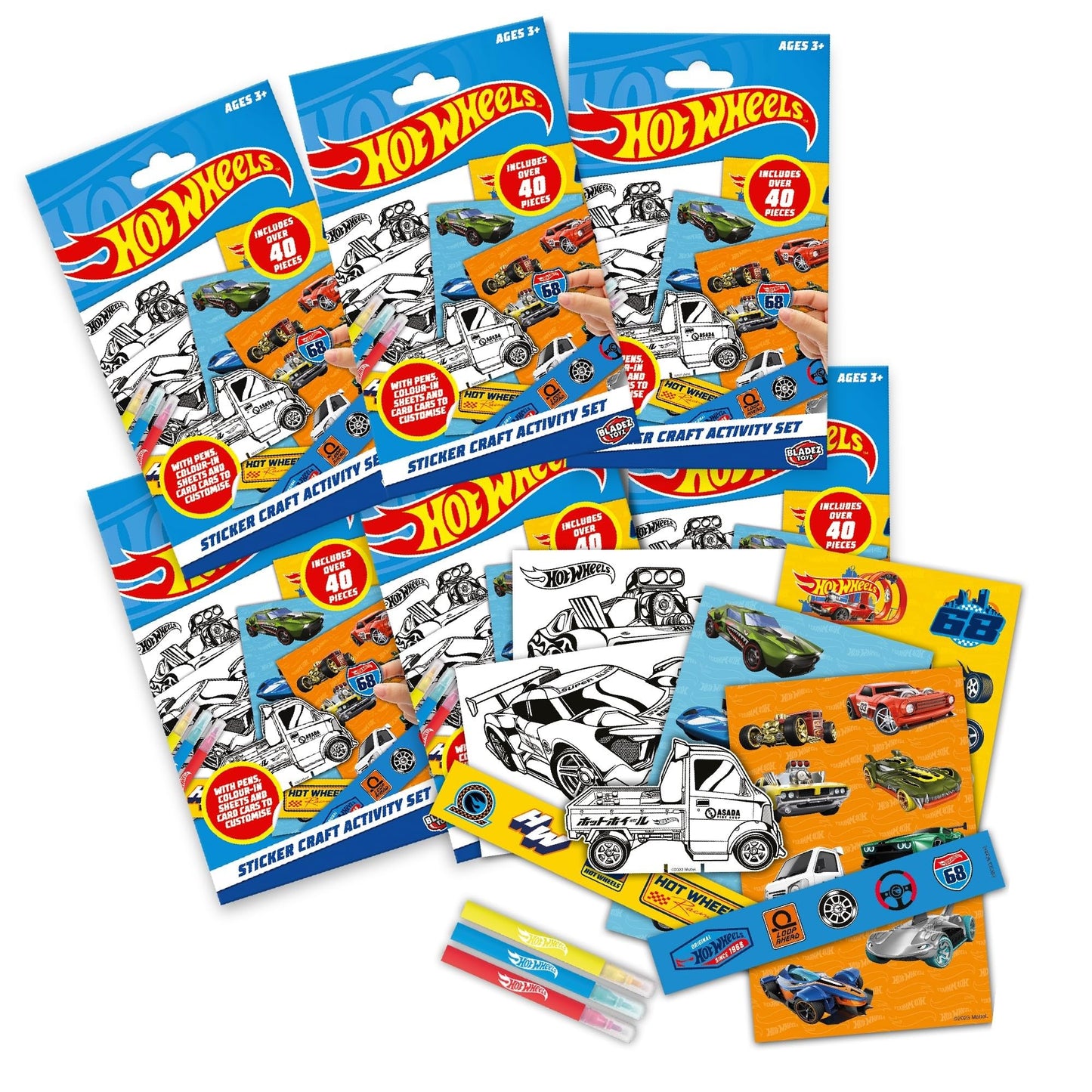 BLADEZ Hot Wheels Toyz craft activity set with mini card scene, coloring pens, and stickers for kids' creative fun.