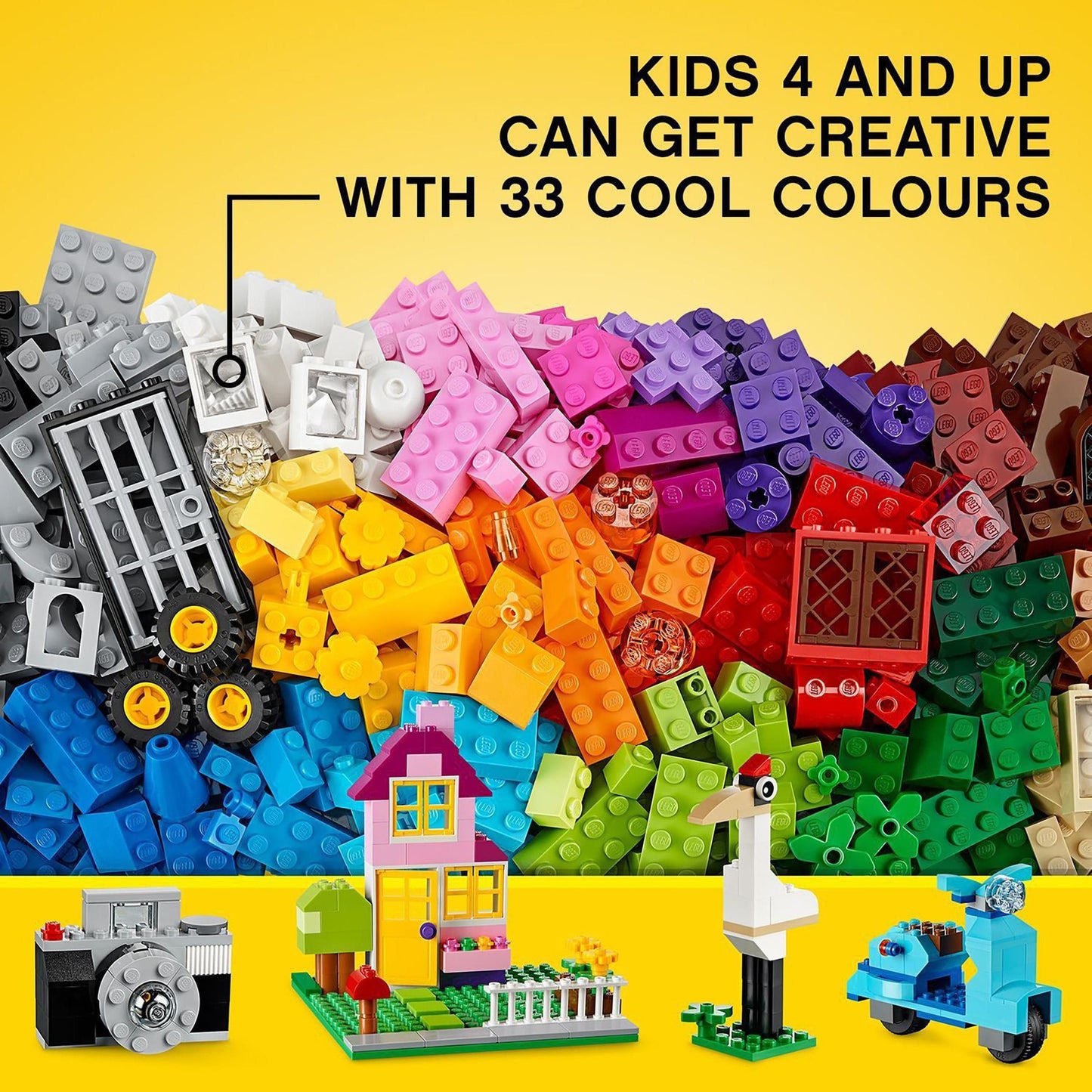 LEGO Classic large creative brick storage box with colorful bricks, windows, doors, wheels, and green baseplate for building.