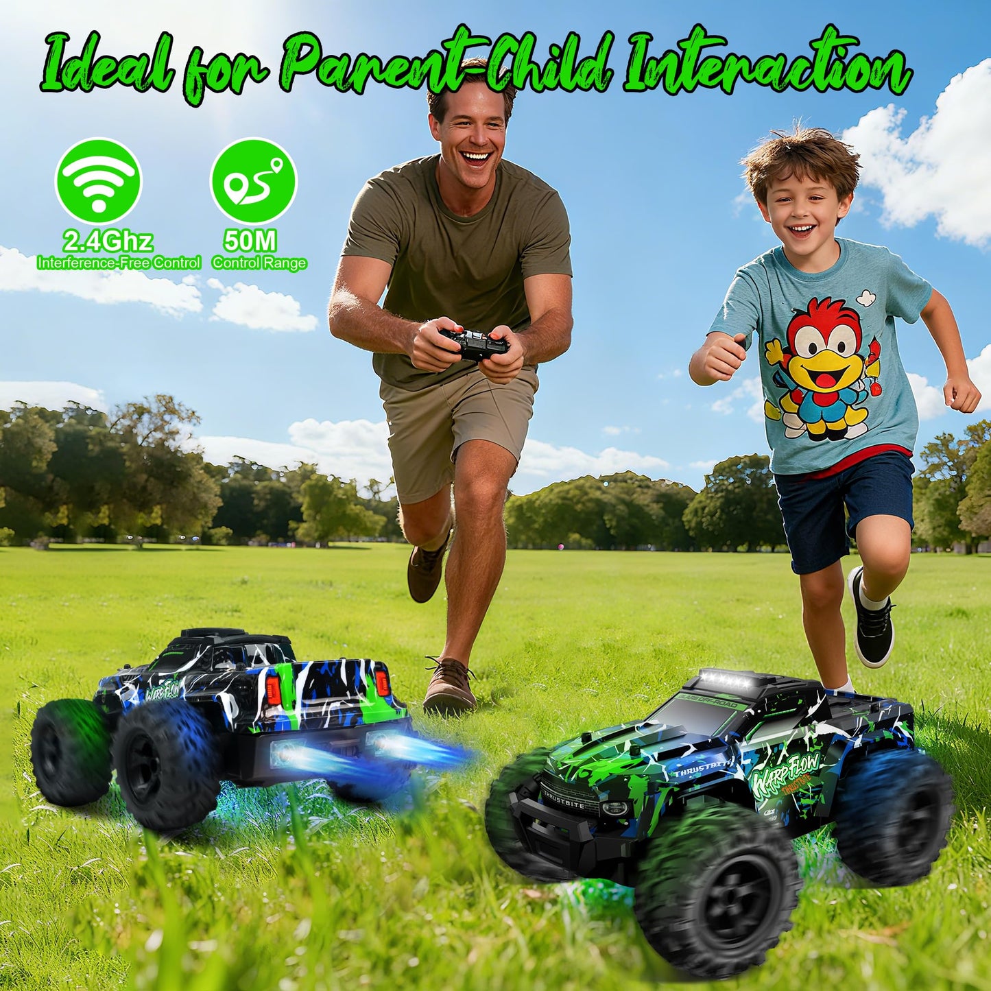 BAZADER 1:18 scale RC truck with LED lights, all-terrain tires, high-speed design, and spray feature for kids and adults.