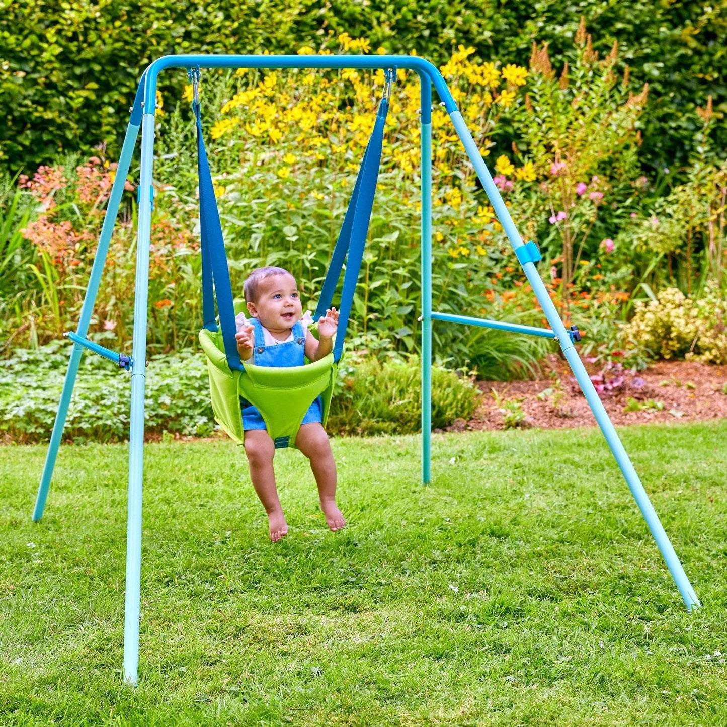 TP Toys foldaway baby swing with powder-coated metal frame, non-slip feet, and compact design for indoor and outdoor use.