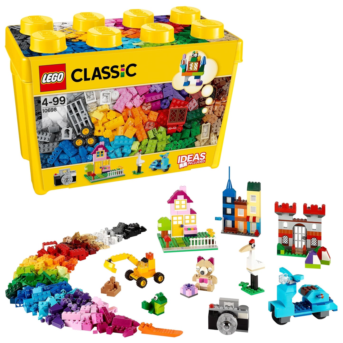 LEGO Classic Large Creative Brick Storage Box with colorful bricks, windows, doors, wheels, and a green baseplate.