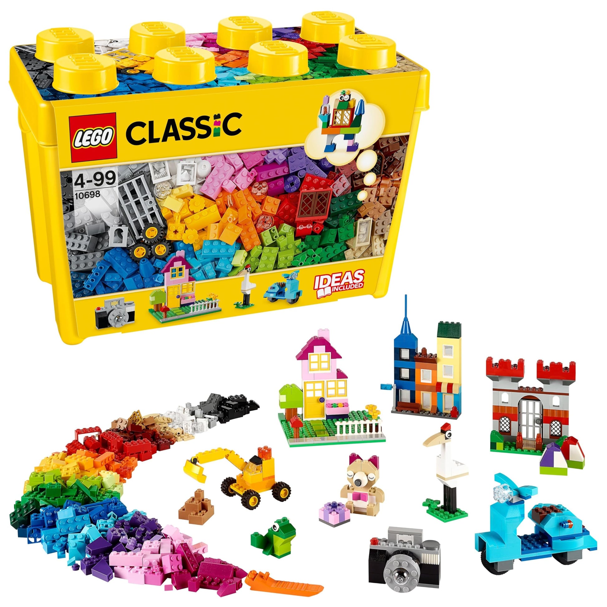 LEGO Classic Large Creative Brick Storage Box with colorful bricks, windows, doors, wheels, and a green baseplate.