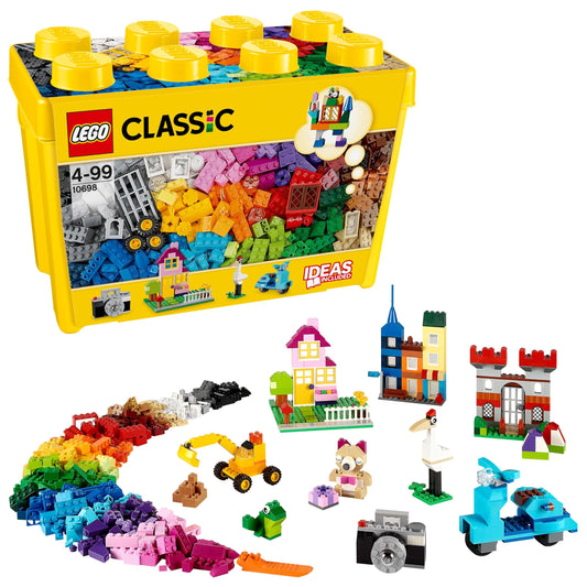 LEGO Classic Large Creative Brick Storage Box with colorful bricks, windows, doors, wheels, and a green baseplate.