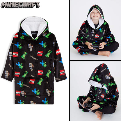 Minecraft Hoodie Blanket Boys Teens, Creeper Wearable Blanket Hooded Loungewear, Oversized Fleece Poncho, Gamer Gifts for Boys (Black)