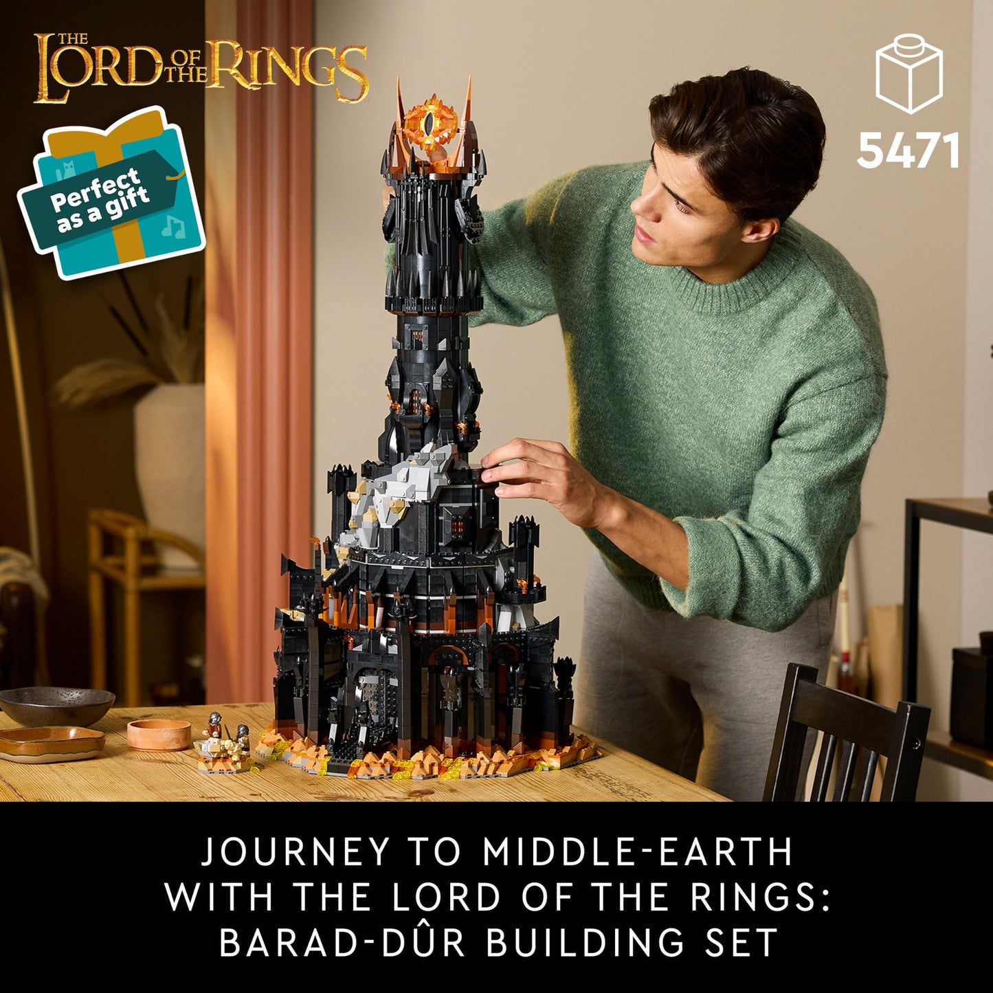 LEGO Icons Barad-dûr model set with minifigures of Sauron, Frodo, Sam, Gollum, and more, featuring intricate details.