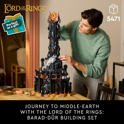 LEGO Icons Barad-dûr model set with minifigures of Sauron, Frodo, Sam, Gollum, and more, featuring intricate details.