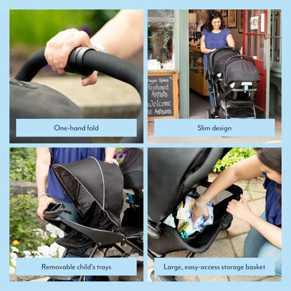 Graco Stadium Duo Tandem Double Pushchair - Suitable from birth to approx. 3 years (15kgs). Car Seat Compatible with SnugEssentials iSize infant car seat, Black/Grey fashion
