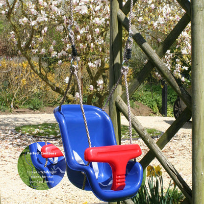 Deluxe Blue and Red Baby Swing Seat with Secure Safety System