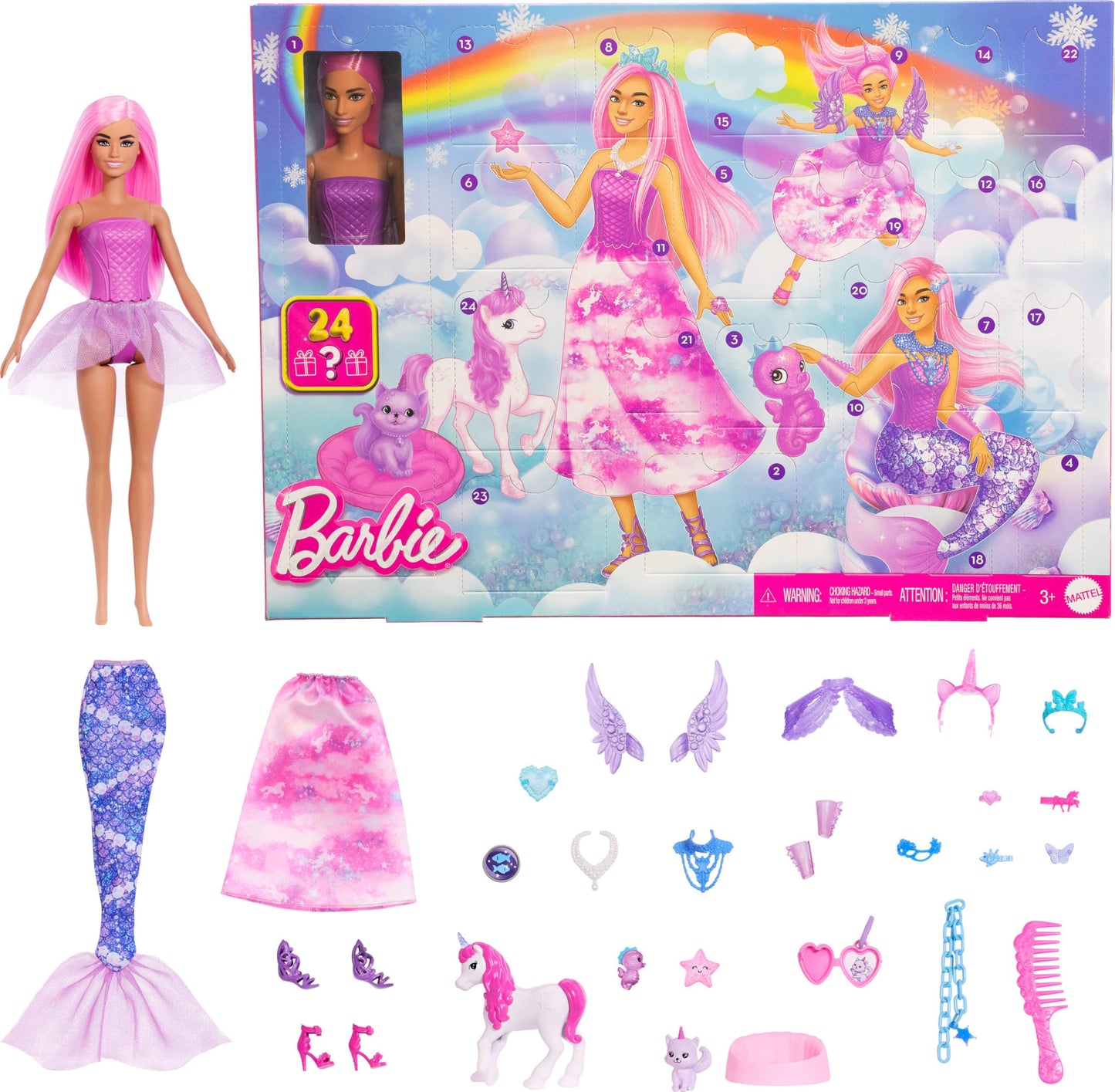 Barbie Advent Calendar with Doll & 24 Surprise Toy Accessories Including Unicorn & Pets, Transform Fashion Doll into Mermaid, Fairy & More, JFL66