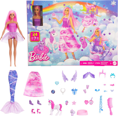 Barbie Advent Calendar with Doll & 24 Surprise Toy Accessories Including Unicorn & Pets, Transform Fashion Doll into Mermaid, Fairy & More, JFL66