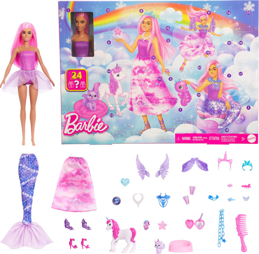 Barbie Advent Calendar with Doll & 24 Surprise Toy Accessories Including Unicorn & Pets, Transform Fashion Doll into Mermaid, Fairy & More, JFL66
