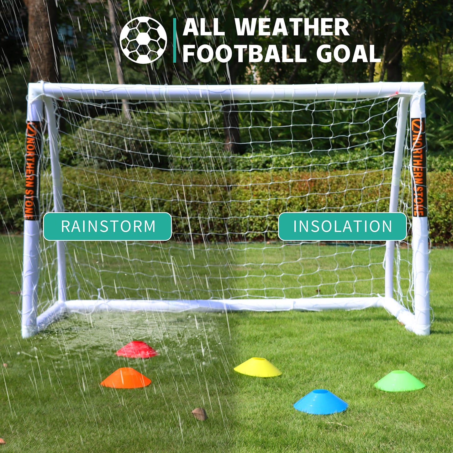 NORTHERN STONE Ultimate All Weather uPVC Football Goal 6ft x 4ft Garden Portable Football Goals 70mm Thick PVC Goal Posts + Football Net Integrated Locking System