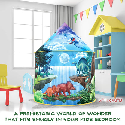 W&O Dinosaur Discovery Play Tent with roar button, featuring colorful dinosaur design, ideal for indoor and outdoor kids' adventures