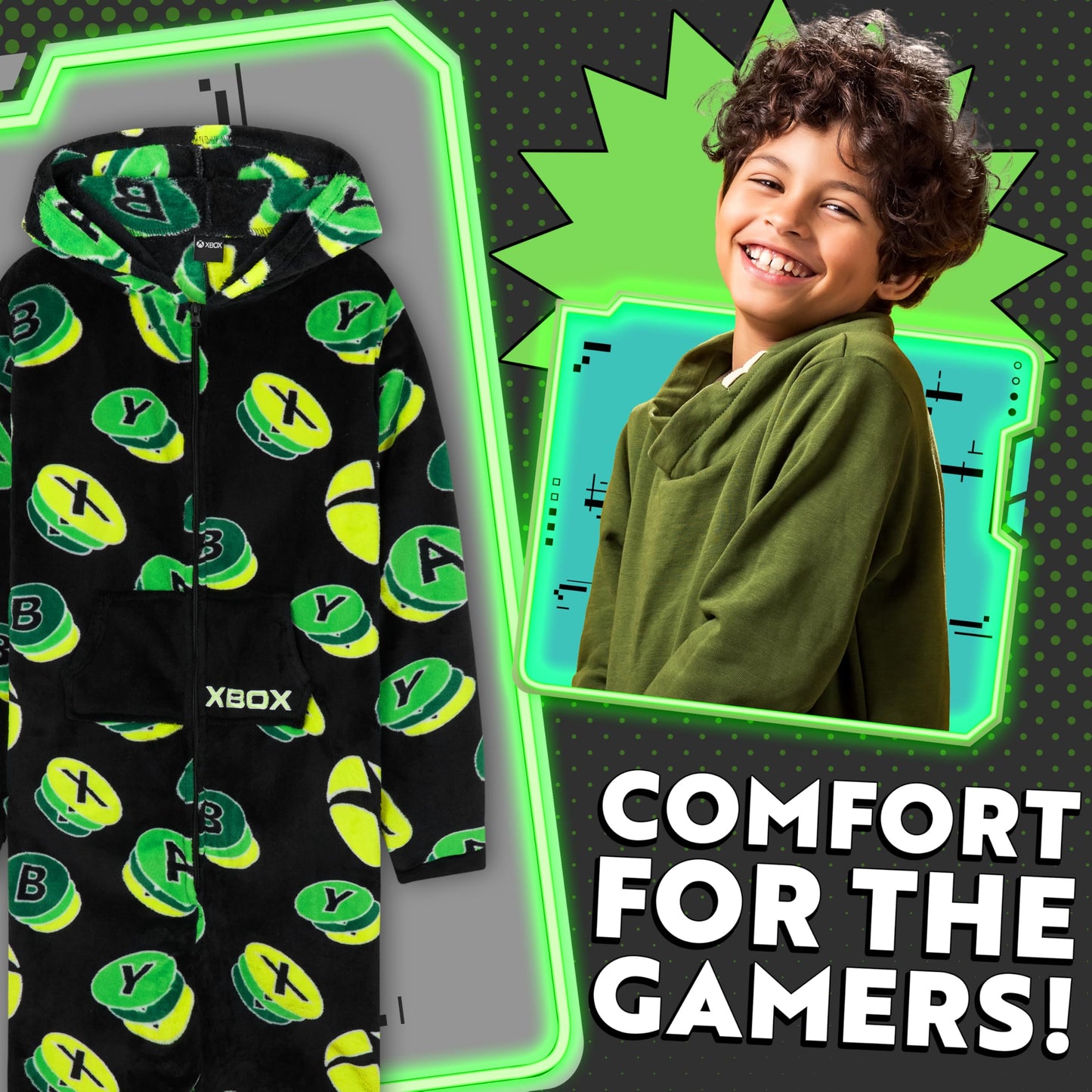 Xbox boys teens onesie in black and green, fleece hooded jumpsuit with gamer design, cozy loungewear for 11-12-year-olds.