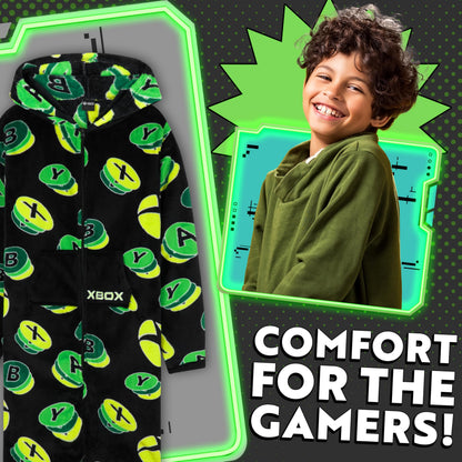 Xbox boys teens onesie in black and green, fleece hooded jumpsuit with gamer design, cozy loungewear for 11-12-year-olds.