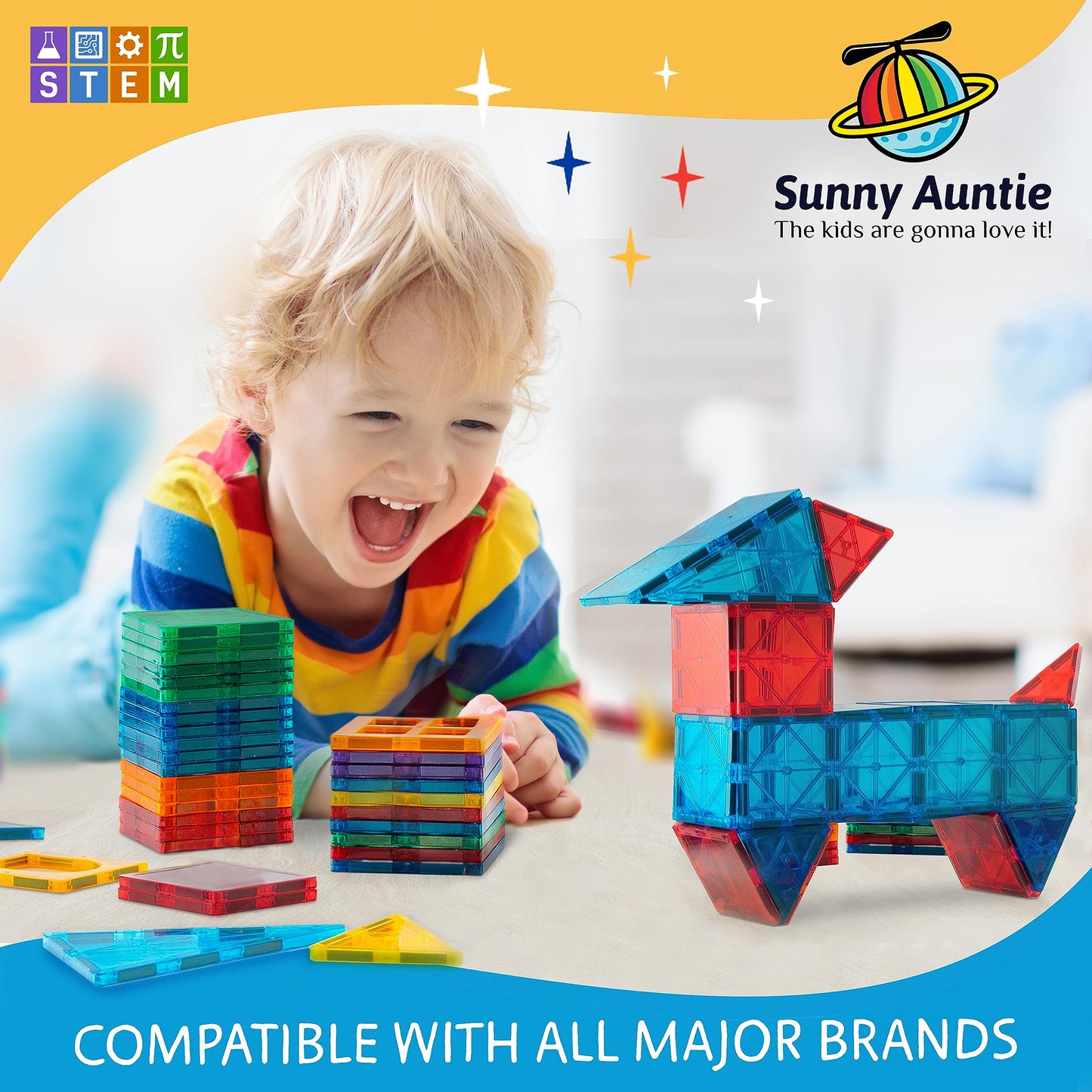 SUNNY AUNTIE Magnetic Tiles 56 PCS, Toy for 3 4 5 6 Year Old Boys Girls Kids & Toddlers, Magnetic Blocks Building Set for kids, STEM Educational Building Toy, Great Gift for Kids Aged 3-8
