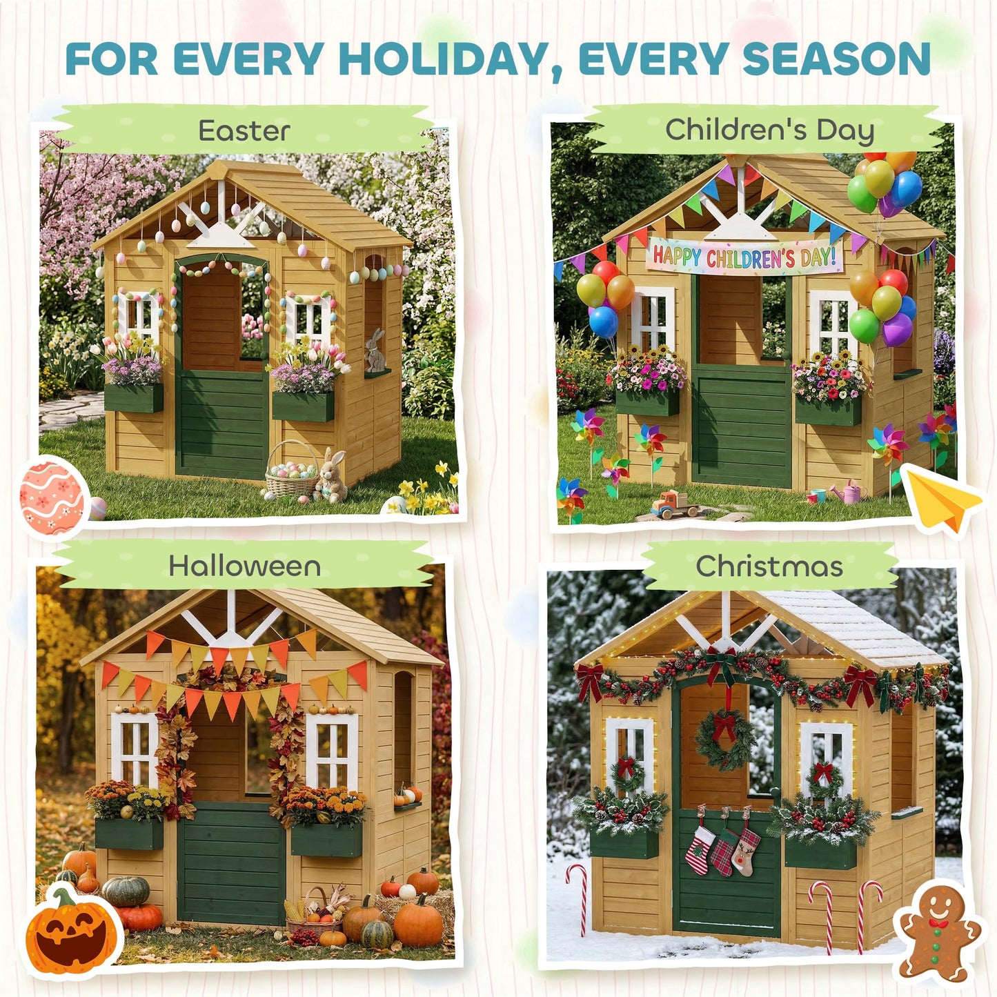 AIYAPLAY wooden outdoor playhouse for kids with door, windows, and flower boxes, ideal for imaginative play in garden or indoor.