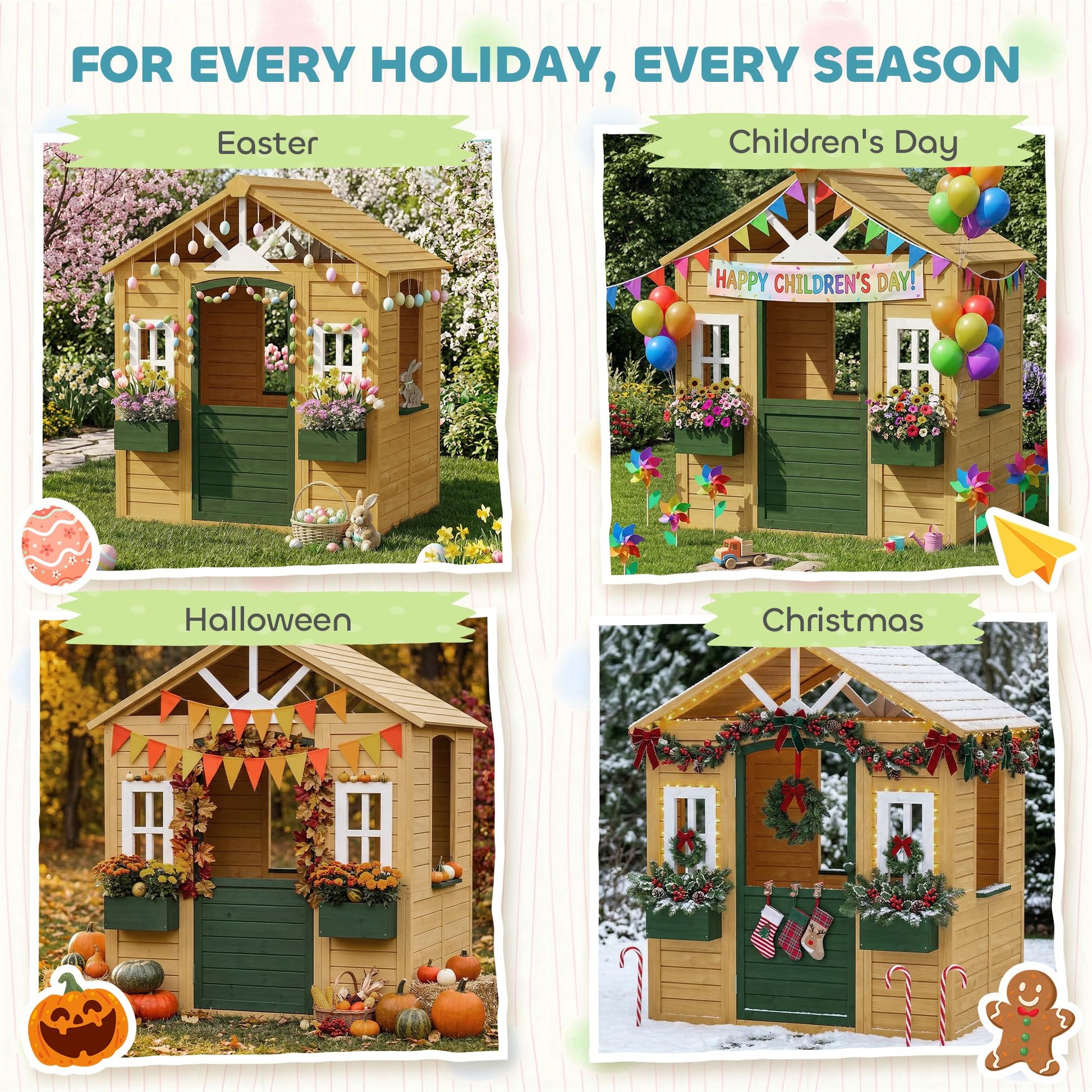 AIYAPLAY wooden outdoor playhouse for kids with door, windows, and flower boxes, ideal for imaginative play in garden or indoor.