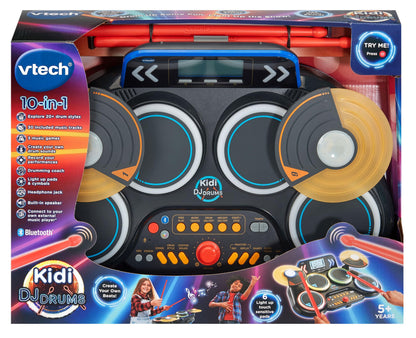 VTech Kidi DJ Drums, Light-up Electronic Drum Kit for Kids, with 4 Drums, 2 Cymbals, Drum Sticks, Bluetooth, Coach Mode and More, Music Toy for Ages 5, 6, 7Plus Years, English Version
