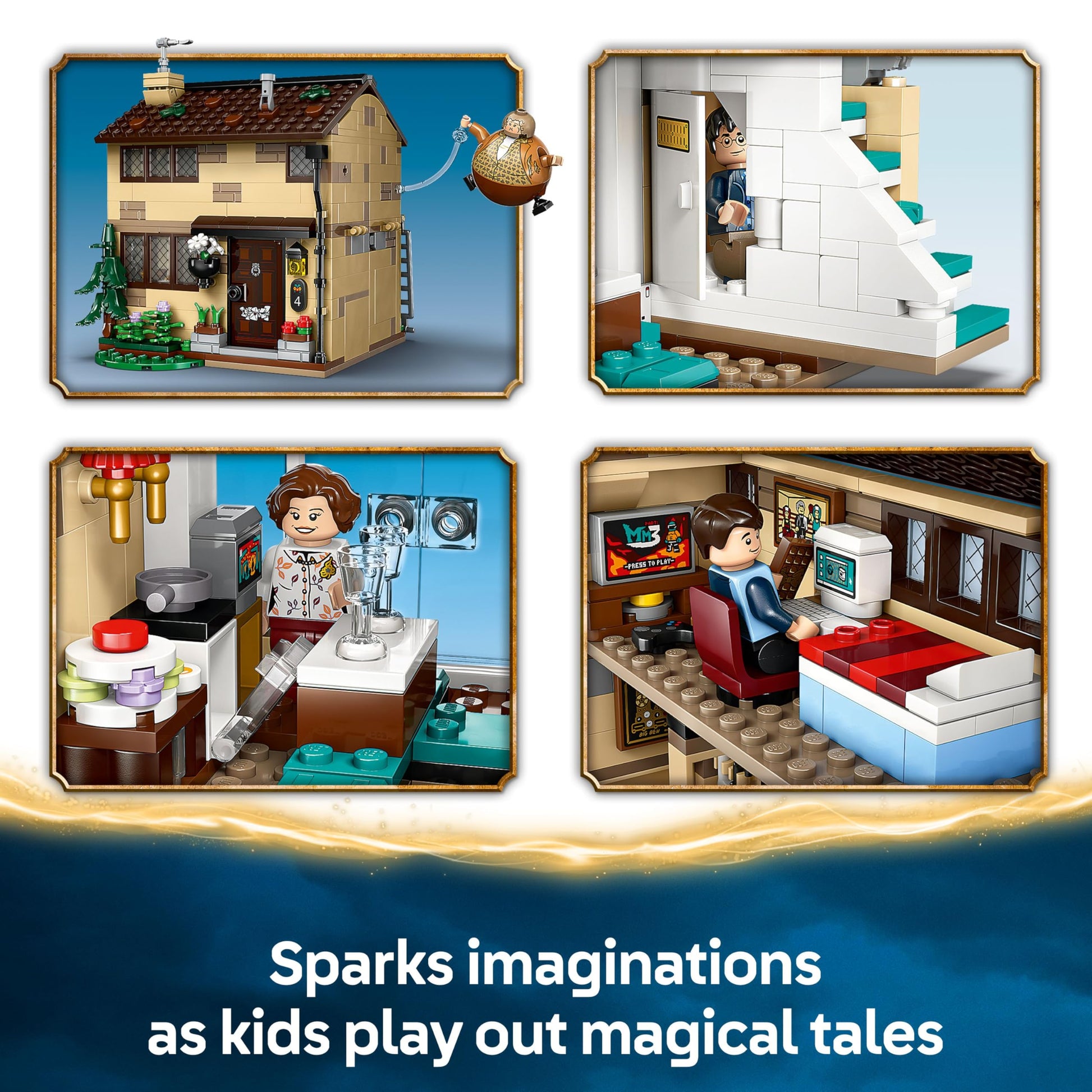 LEGO Harry Potter Privet Drive set featuring Aunt Marge's Visit with detailed interior and five minifigures.