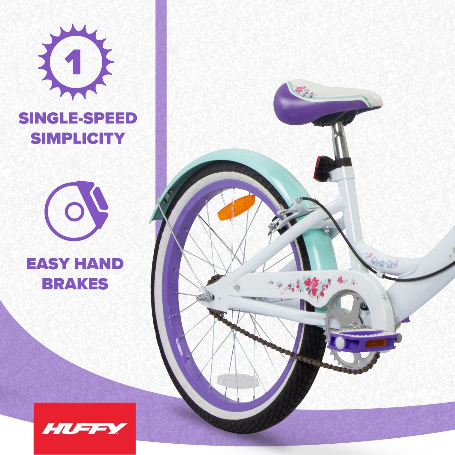 Huffy Girly Girl 20-Inch Cruiser Bike, Basket, Bell, Mudguards, Adjustable Comfort Saddle, Upright Handlebars, Single-Speed, Dual Brakes, Stylish Girls’ Bike for Ages 5-9, White & Sea Crystal
