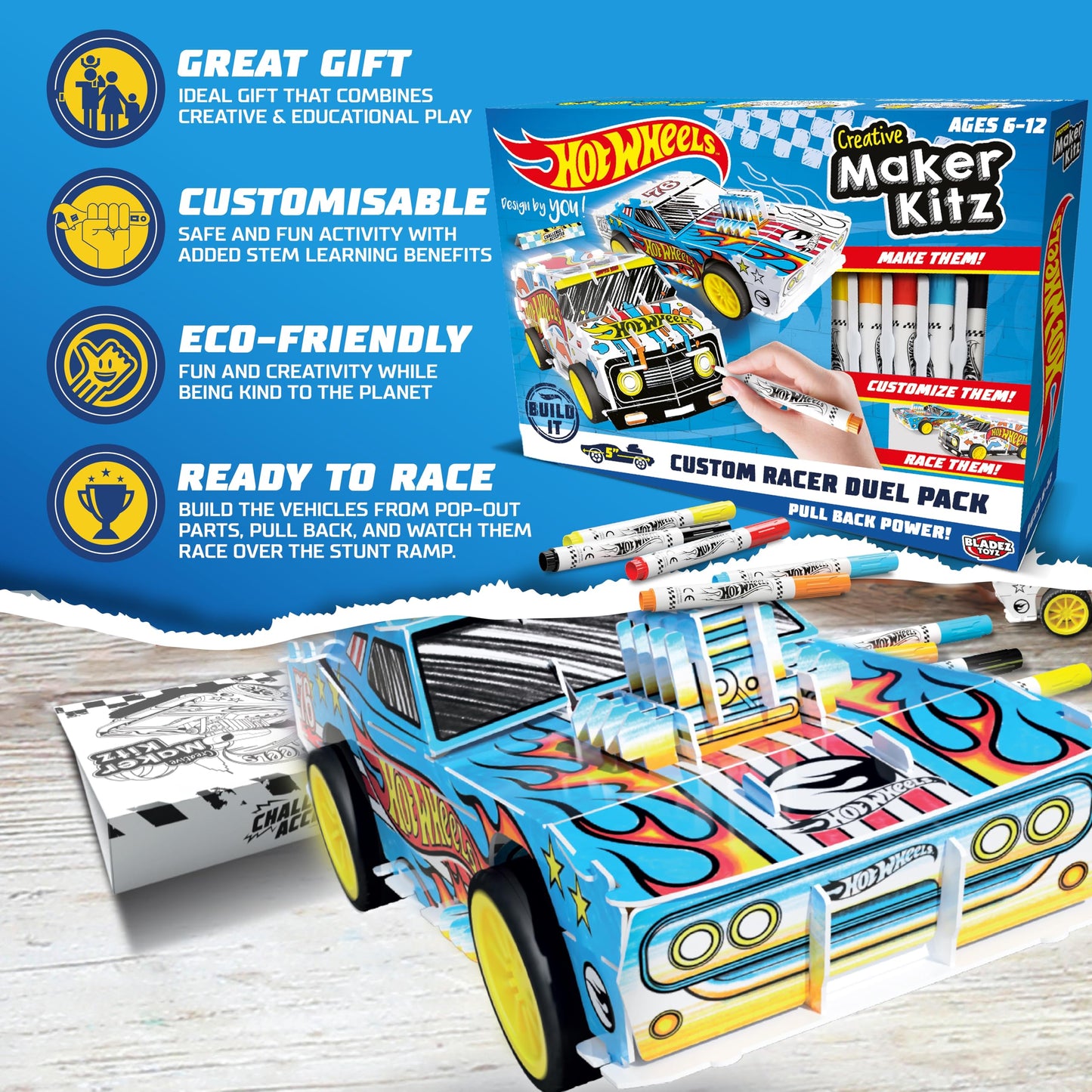 BLADEZ Hot Wheels Custom Racers, DIY Twin Pack, Make Your Own/Build Your Own, Pull Back Vehicles for kids, Customisable with pens and stickers, Creative Maker Kitz by Bladez Toyz