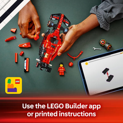 LEGO Speed Champions Ferrari SF-24 F1 race car model kit with Formula 1 driver minifigure on a white background.