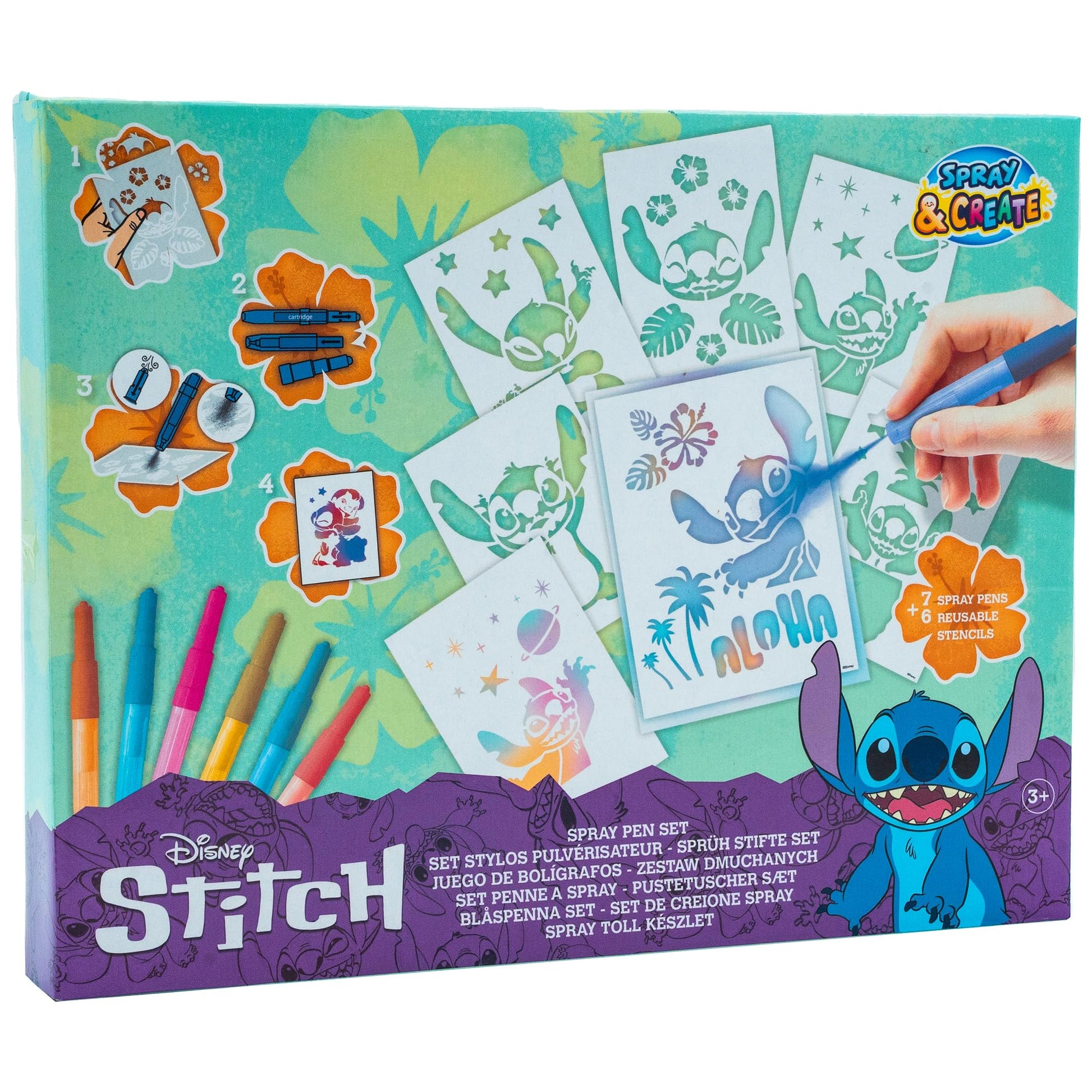 Disney Lilo and Stitch blow pens set for kids, includes 7 blow pens, 6 reusable stencils, and colorful drawing accessories.