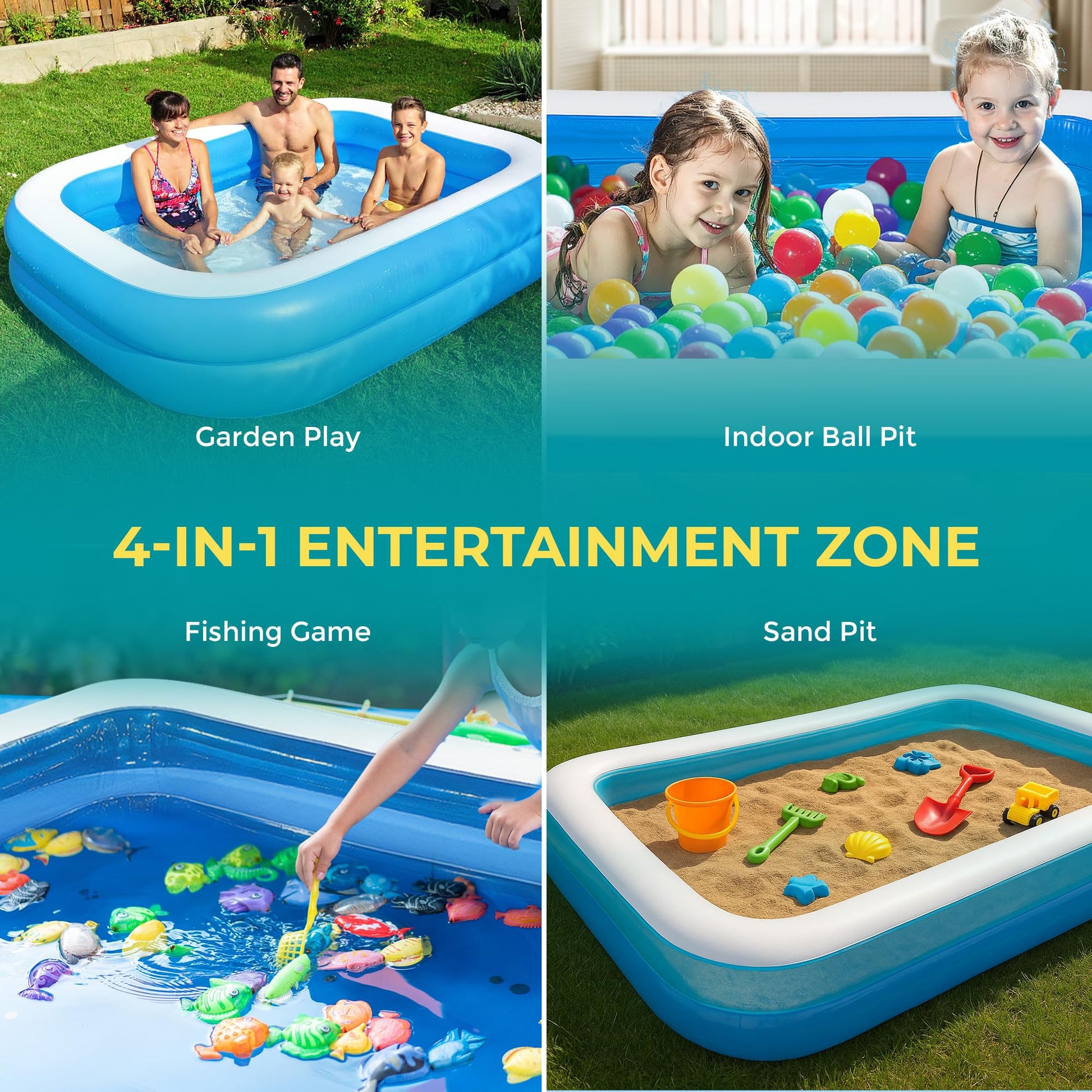 Large COOZi paddling pool for kids, toddlers, and adults, inflatable rectangle pool with durable design and self-adhesive repair patch.