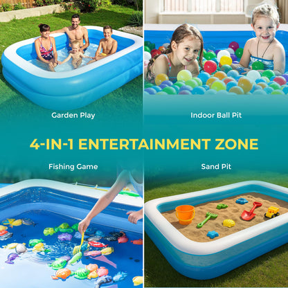 Large COOZi paddling pool for kids, toddlers, and adults, inflatable rectangle pool with durable design and self-adhesive repair patch.