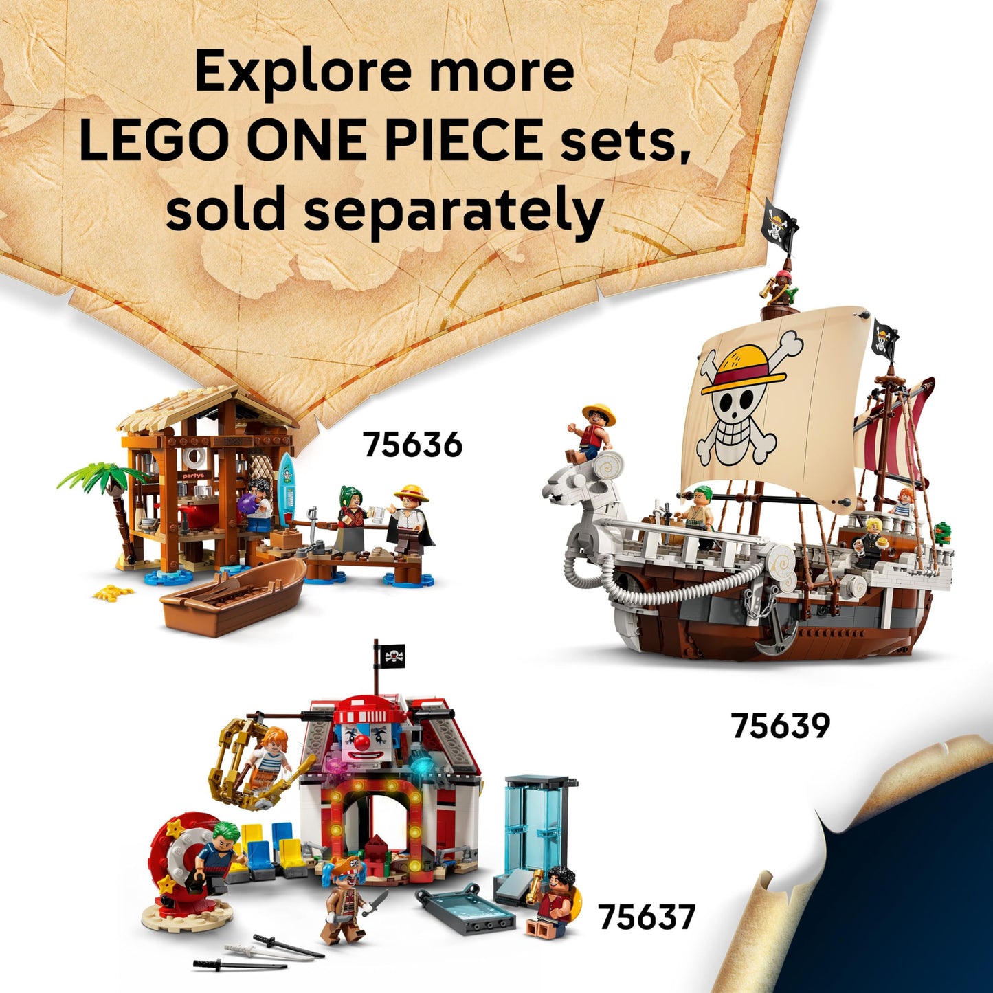 LEGO ONE PIECE Battle at Arlong Park set featuring Luffy, Nami, and a collapsing pagoda with five minifigures.