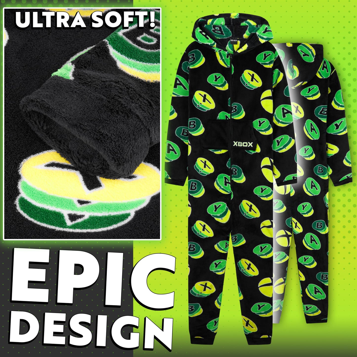 Xbox boys' fleece onesie for teens, black and green hooded jumpsuit with gamer design, cozy warm loungewear for 11-12-year-olds.