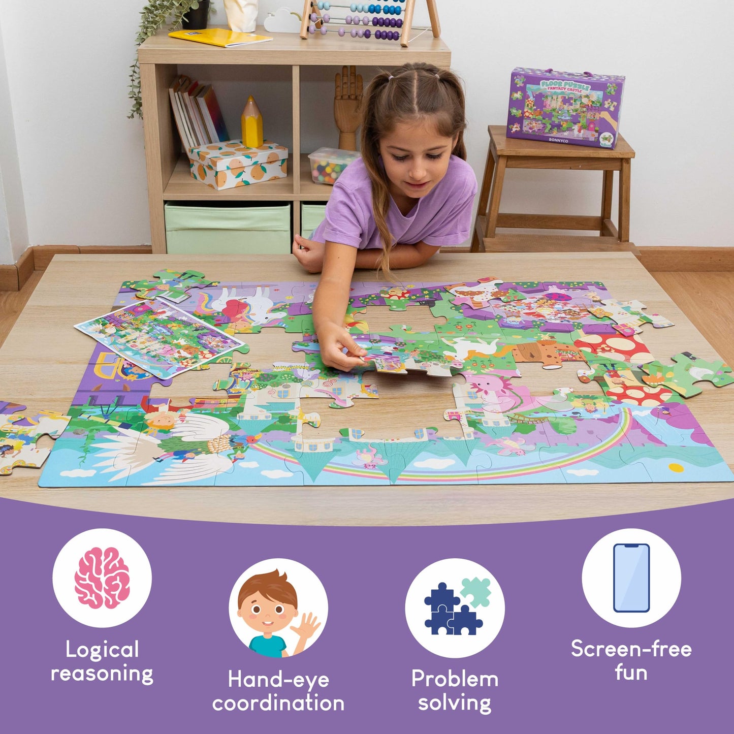BONNYCO Giant Floor Puzzle of Fantasy Castle with 48 Large Pieces. Jigsaw Puzzles for Kids 36.2 x 24.4 in, Gifts for Girls and Boys, Educational Toys Ages 2-8
