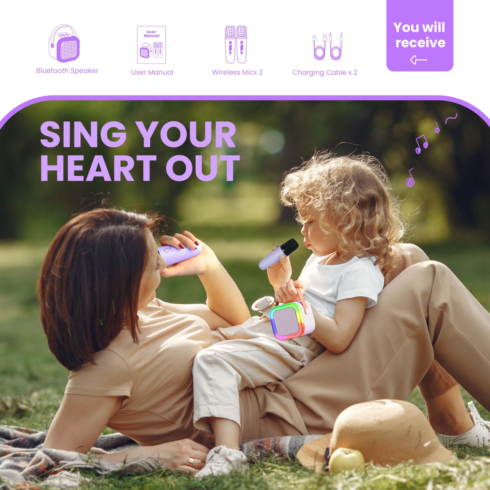Ankuka portable karaoke machine for kids and adults with wireless microphone and Bluetooth speaker, in purple, ideal for birthday gifts.