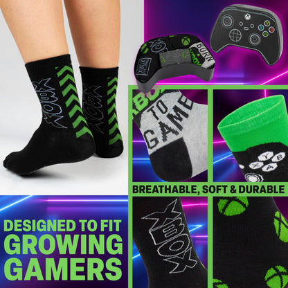 Xbox Socks for Boys & Teens, 5 Pack of Calf Length Socks, Soft Breathable School Sports Casual, Gamer Gifts for Boys