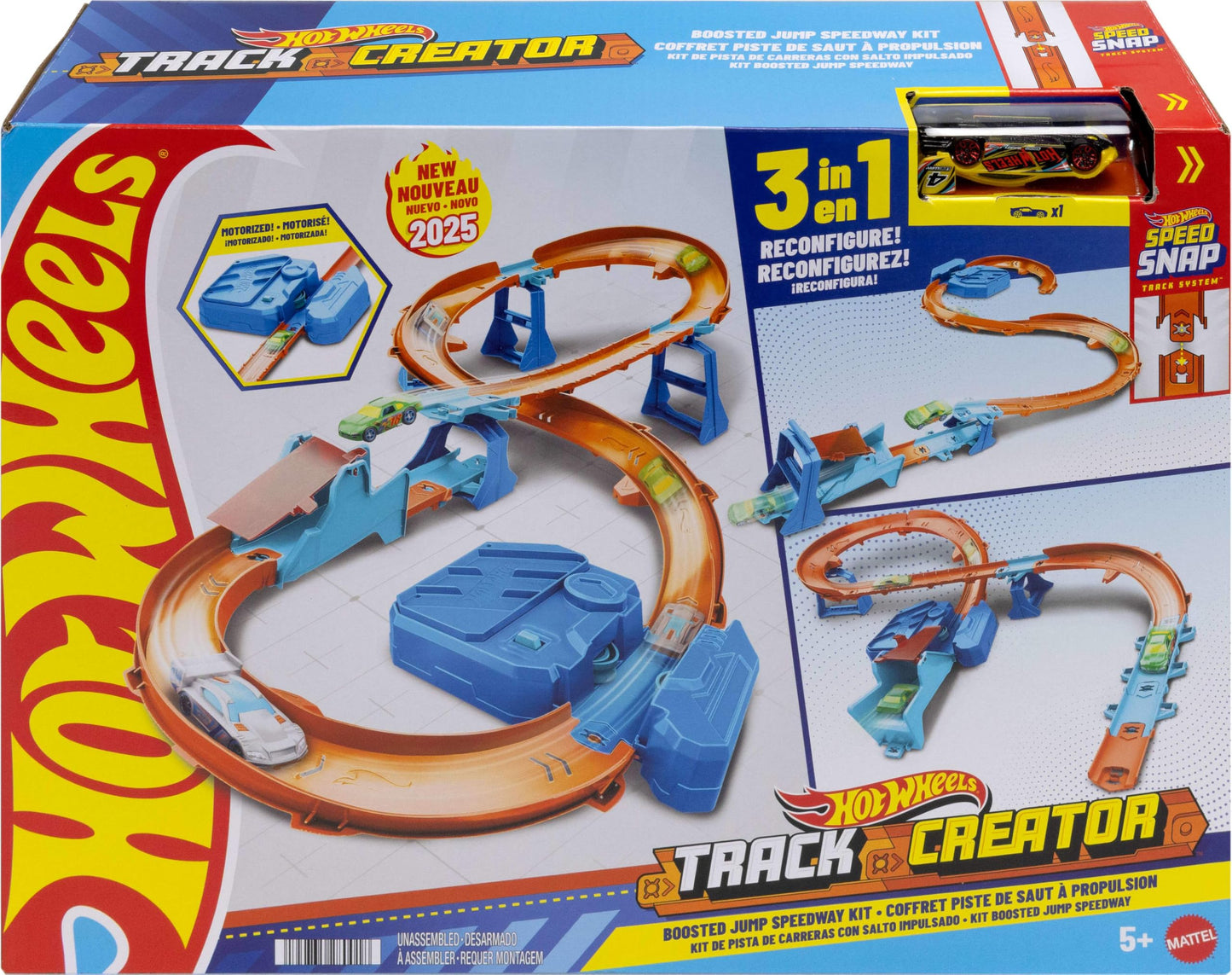 Hot Wheels Toy Car Track Set, Deluxe Building Box with Motorized Booster, 1:64 Scale Vehicle, Speed Snap Track, Boosted Jump Speedway, JDB49