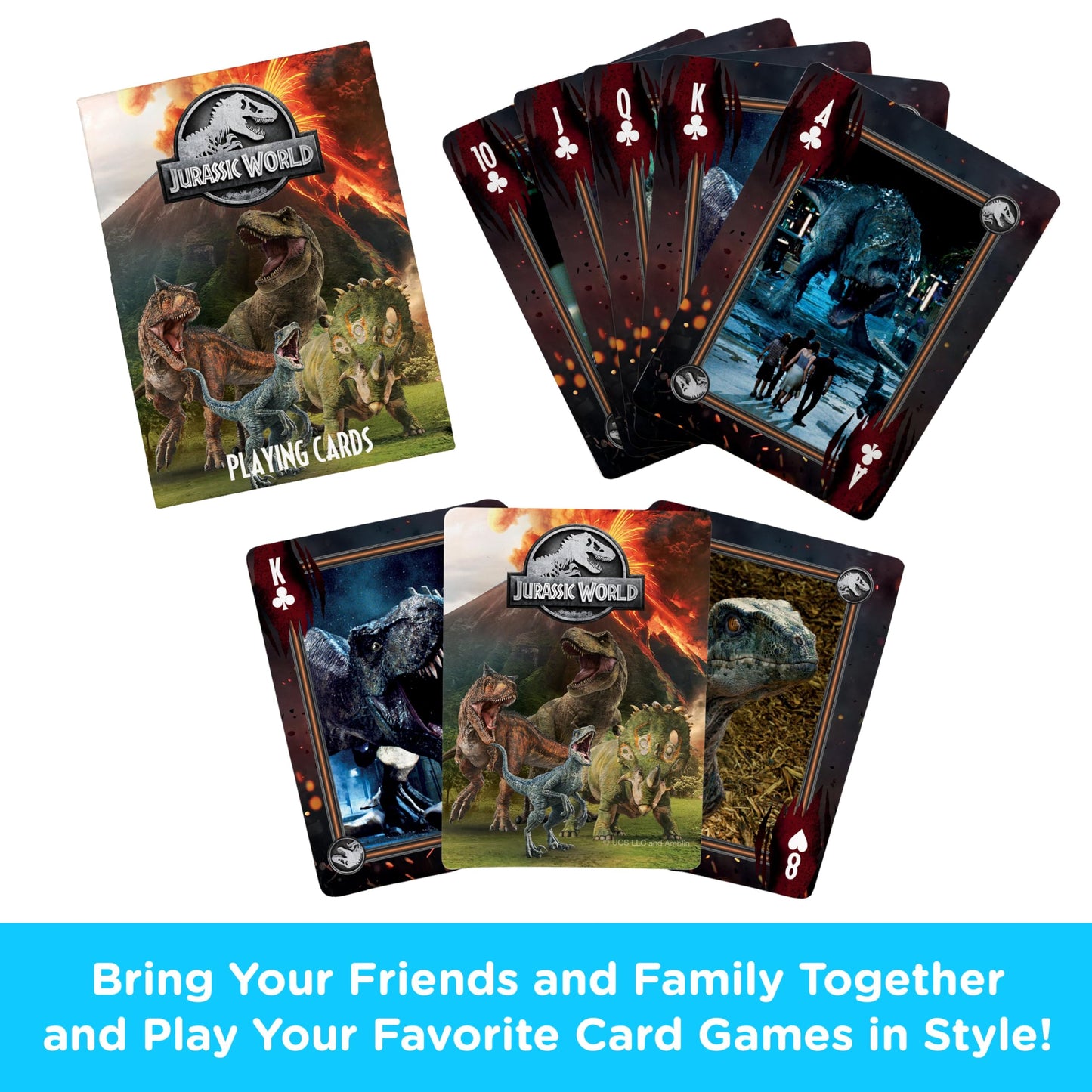AQUARIUS Jurassic World playing cards featuring dinosaur illustrations and official Jurassic World merchandise branding.