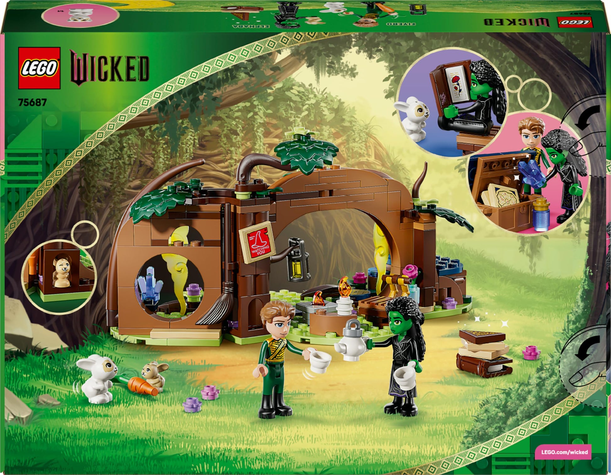 LEGO Wicked Elphaba's Retreat set featuring mini dolls, animal figures, and accessories in a forest scene.