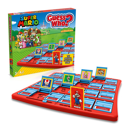 Winning Moves Super Mario Guess Who? board game with Nintendo character faces including Mario, Luigi, Peach, Bowser, and Donkey Kong.
