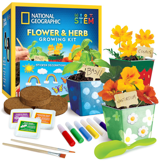 Blue Marble National Geographic flower and herb gardening kit for kids with stainless steel pots, paint, stickers, and plant growing tools.