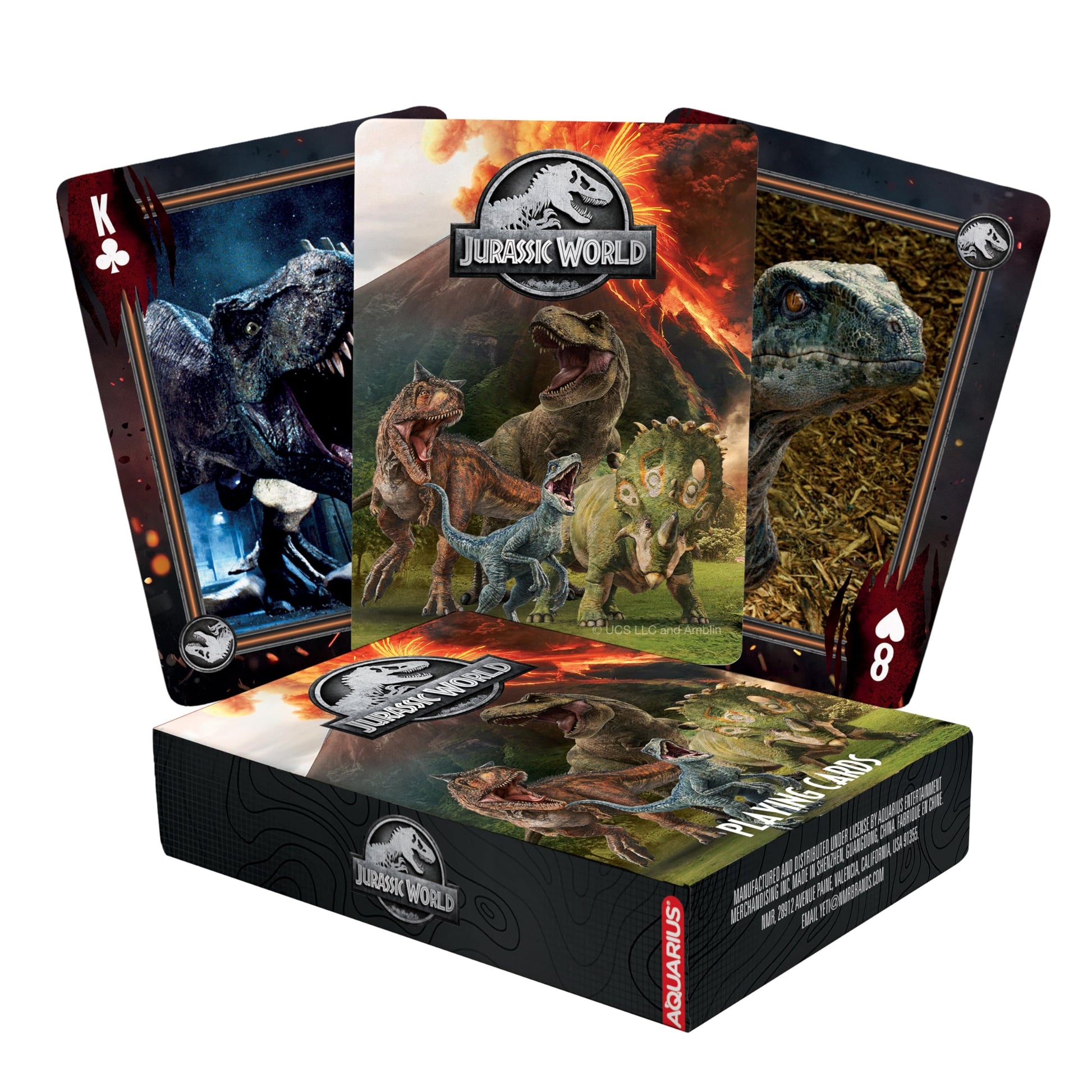 AQUARIUS Jurassic World playing cards featuring dinosaur illustrations and official Jurassic World branding on a deck.