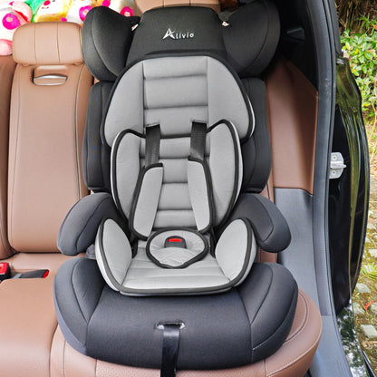 Alivio adjustable car seat for toddlers and children with padded fabric, 3-layer headrest, soft recline, and secure harness.