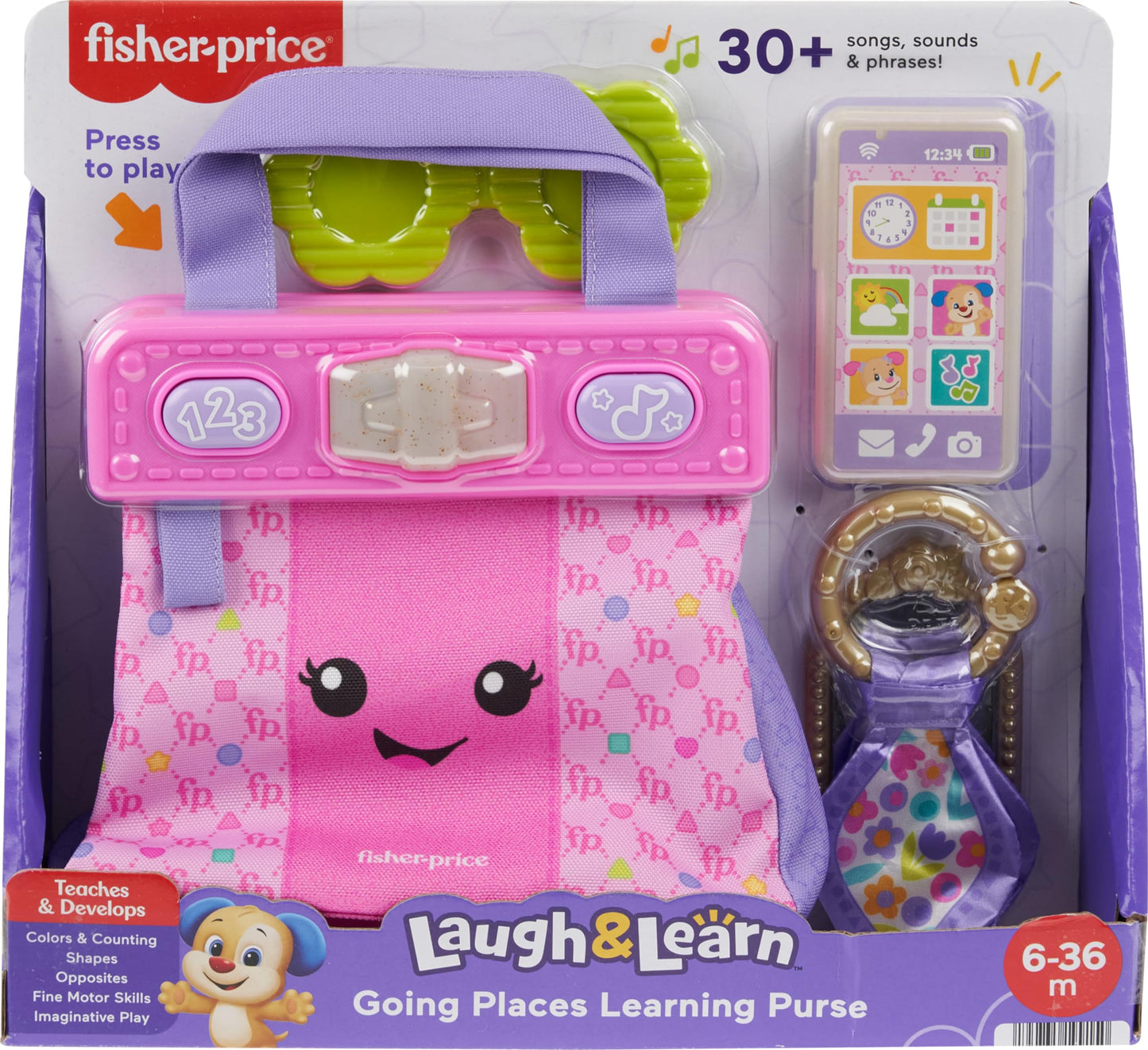Fisher-Price Laugh & Learn Purse toy for babies showing colorful play accessories and interactive features for infants and toddlers.