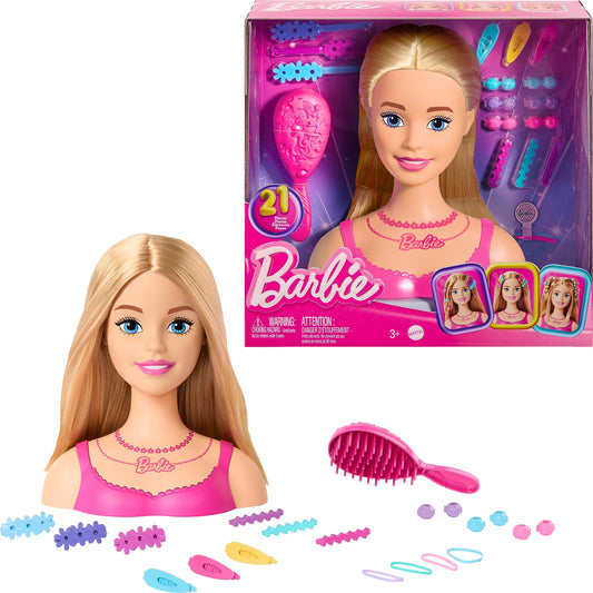 Barbie doll styling head with blonde hair and 20 colorful accessories for creative hair styling activities.