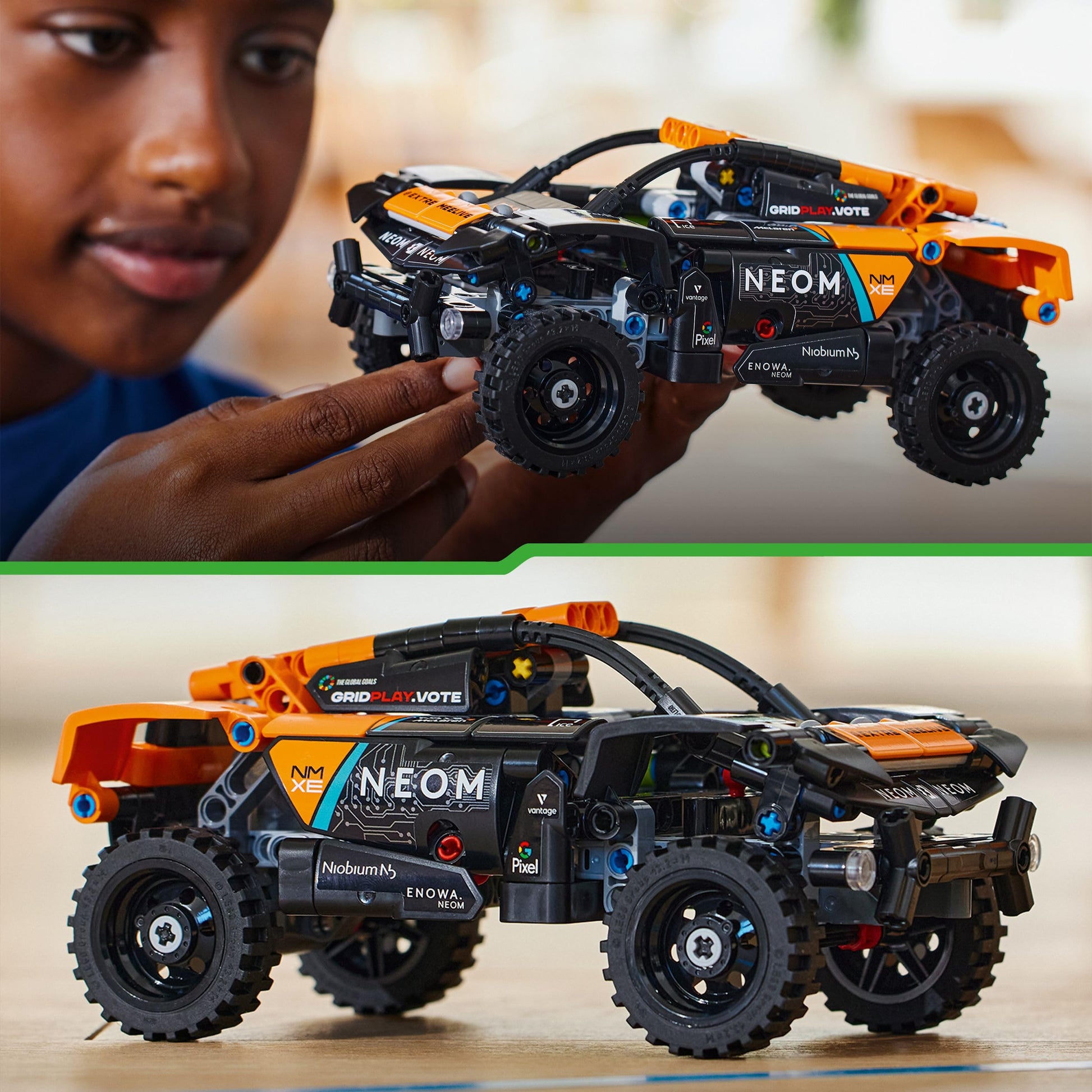 LEGO Technic NEOM McLaren Extreme E race car toy set for kids, featuring an off-road pull-back racing vehicle design.