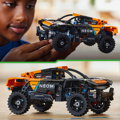 LEGO Technic NEOM McLaren Extreme E race car toy set for kids, featuring an off-road pull-back racing vehicle design.