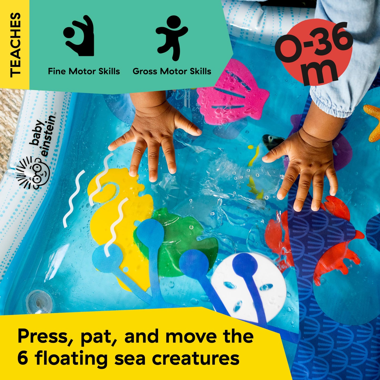 Baby Einstein Opus’s Ocean of Discovery tummy time water play mat with sensory toys for newborns and babies, black color.