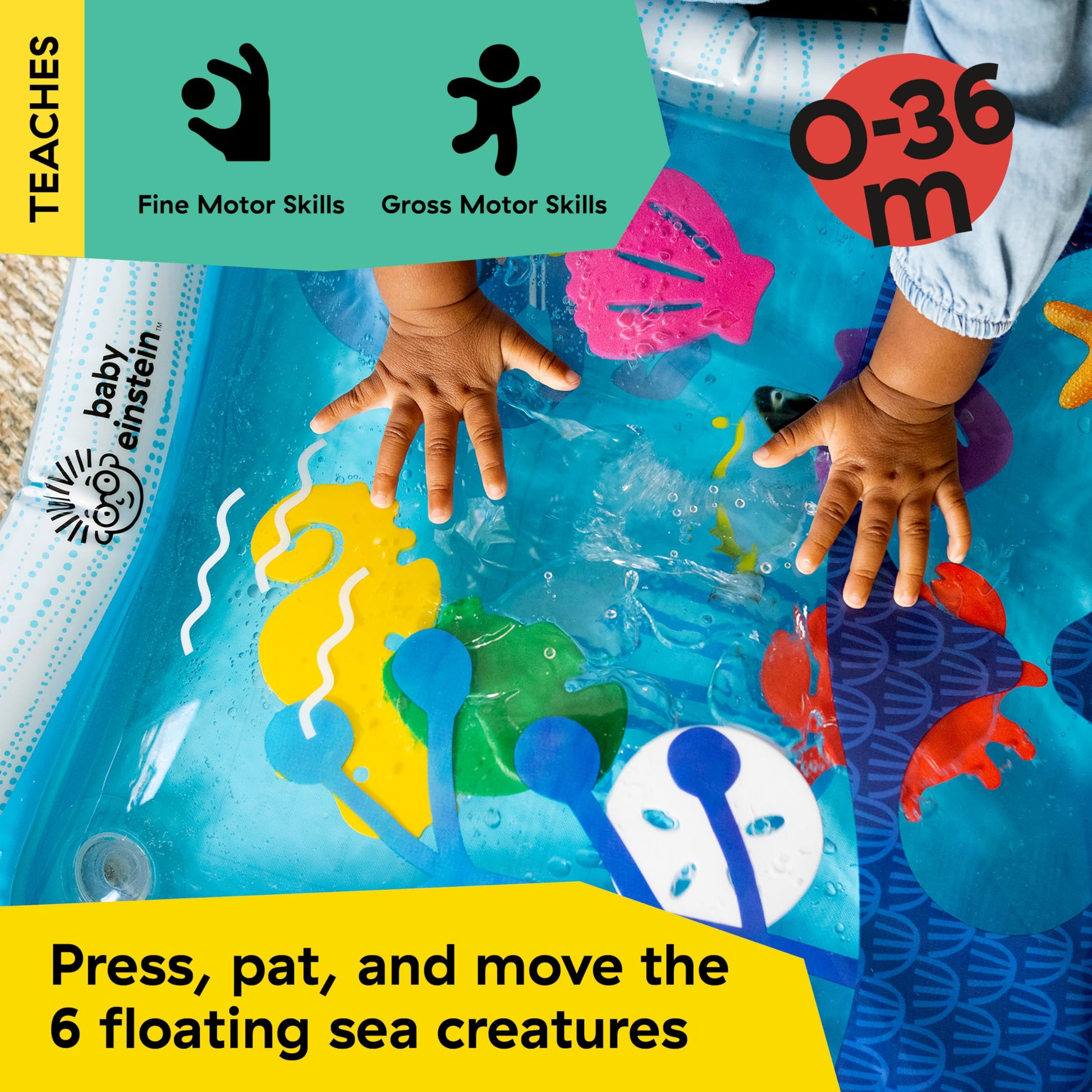 Baby Einstein Opus’s Ocean of Discovery tummy time water play mat with sensory toys for newborns and babies, black color.