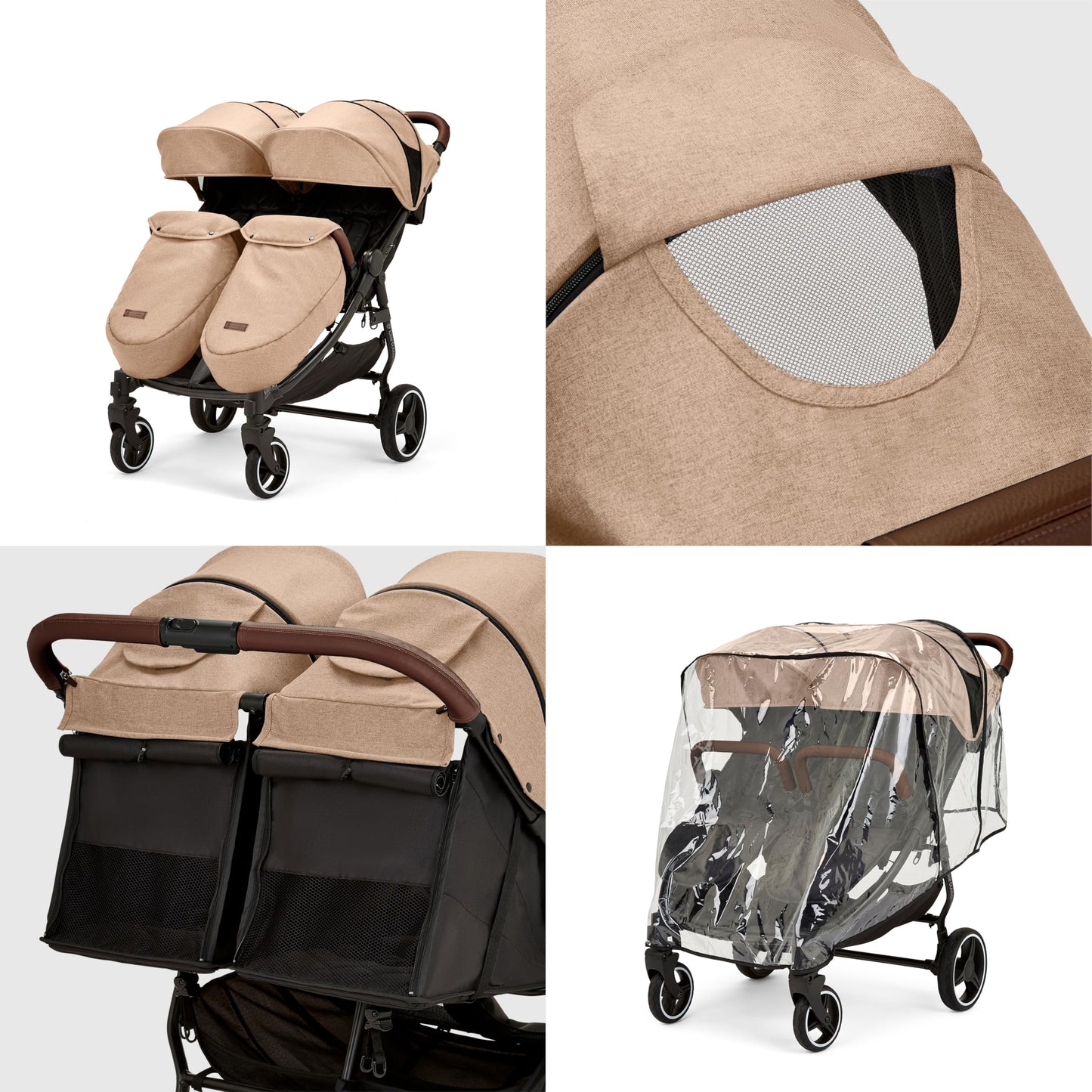 Ickle Bubba Venus Double Max Stroller – Compact, Lightweight Foldable Twin Pushchair for Twins or Siblings, Suitable from Birth to 15kg (Approx. 3 Years) (Biscuit)