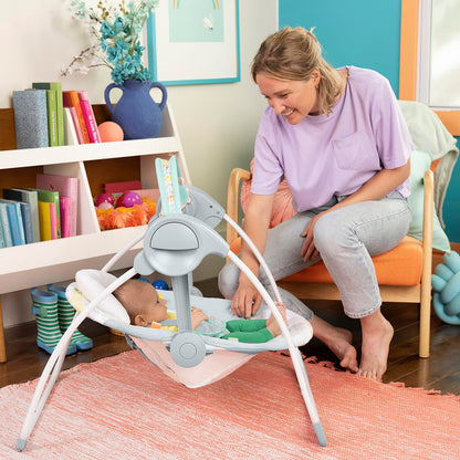 Bright Starts, Whimsical Wild Portable Compact Automatic Baby Swing with Music and Taggies, Removable Toy Bar with 2 Toys, Reclinable, 5 Point Harness, Newborn and up